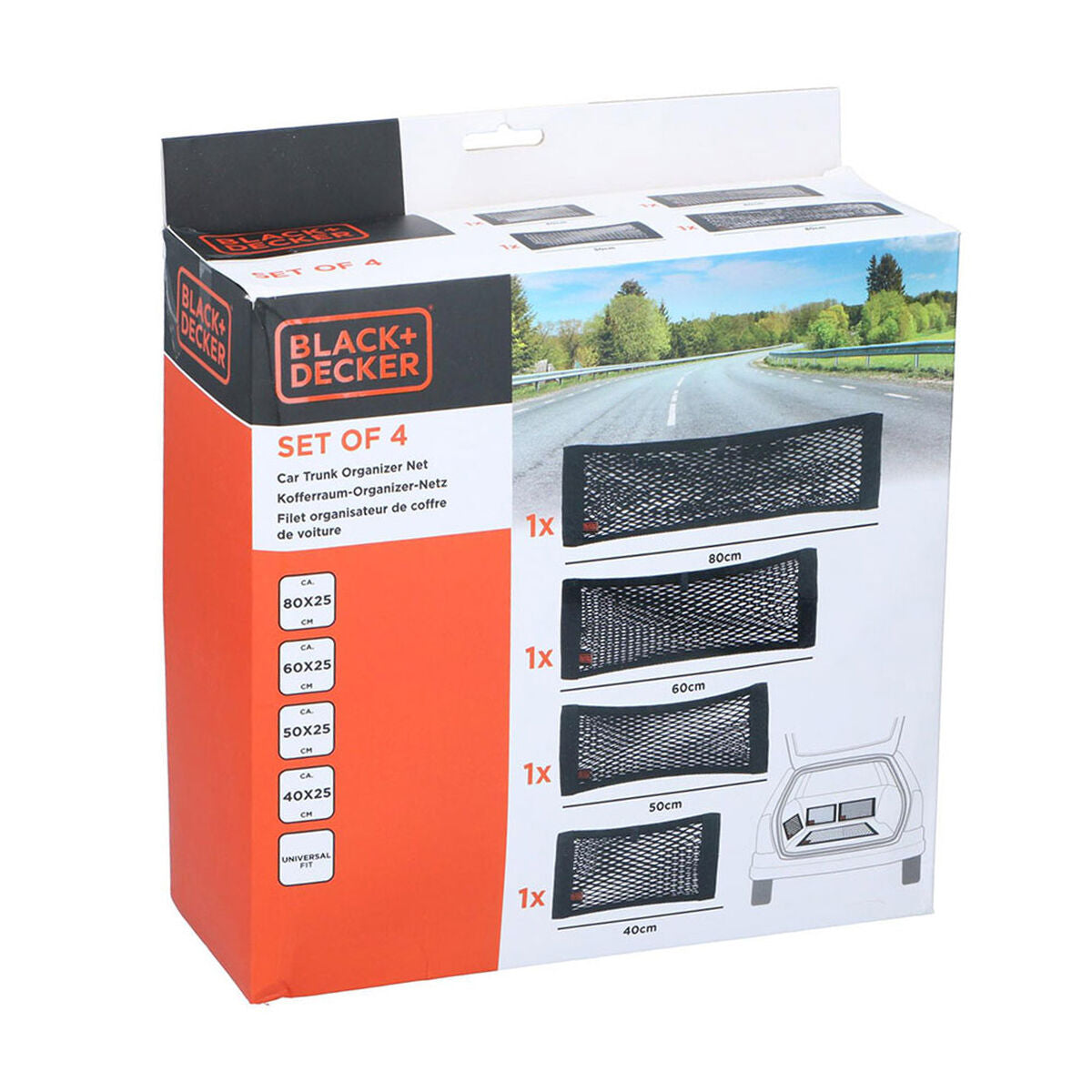 Rede de armazenamento para carro Black & Decker Preto 40/50/60/80 x 25 cm 4 Peças