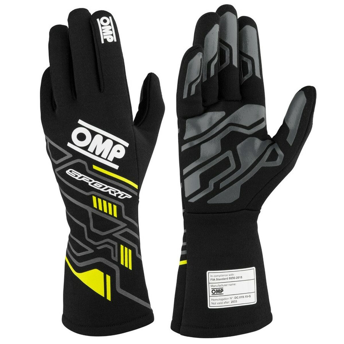 Luvas de competição OMP Sport, preto/amarelo (tamanho S)