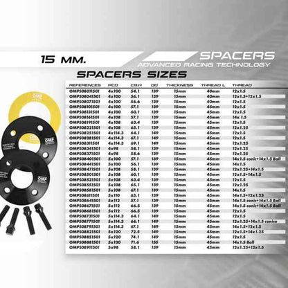 Espaçadores para automóvel OMP para BMW, Opel, Seat, Volkswagen, entre outros (15mm)